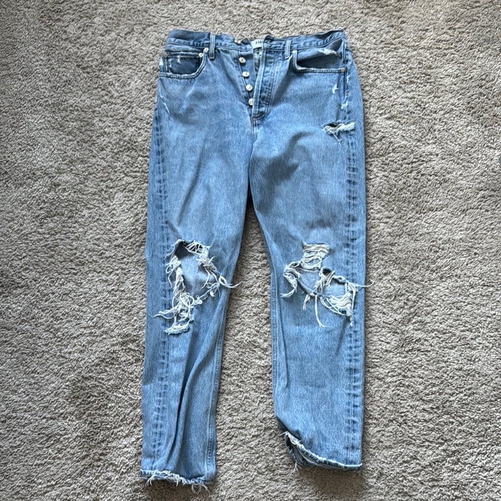 Agolde Blue Boyfriend Jeans with Distressed Details 90s Mid Rise Loose Fit